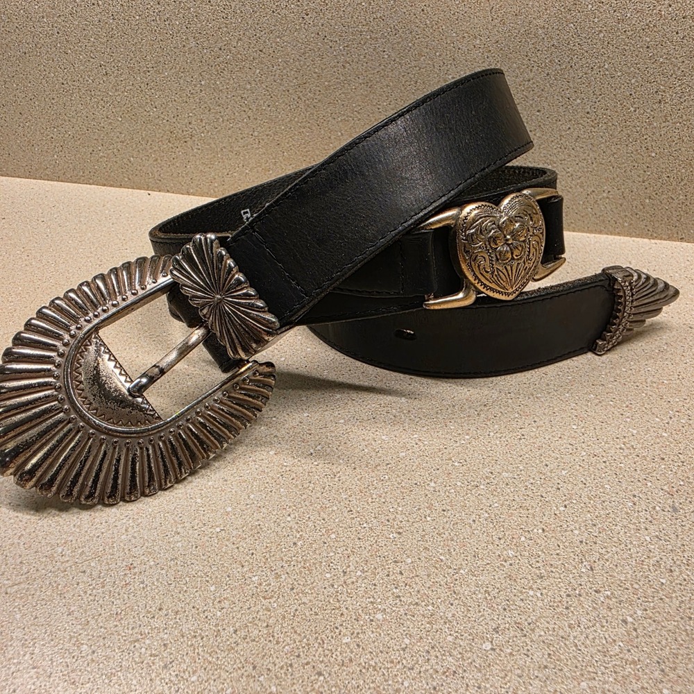 3-D Belt Co Leather Western Belt 28 Black Heart Concho Silver Buckle 2013 USA